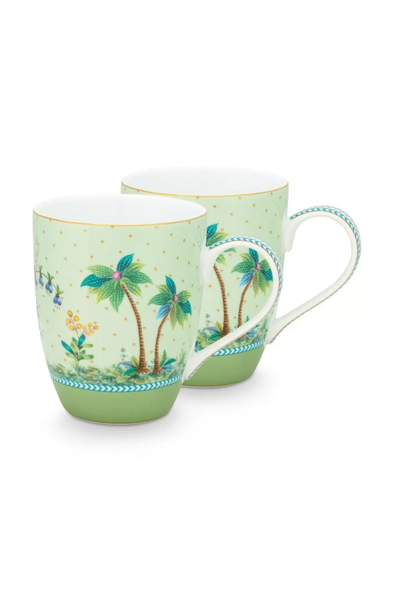Pip Studio Lot De 2 Tasses De Grande Taille A Pois Dores Jolie En Coloris Vert New